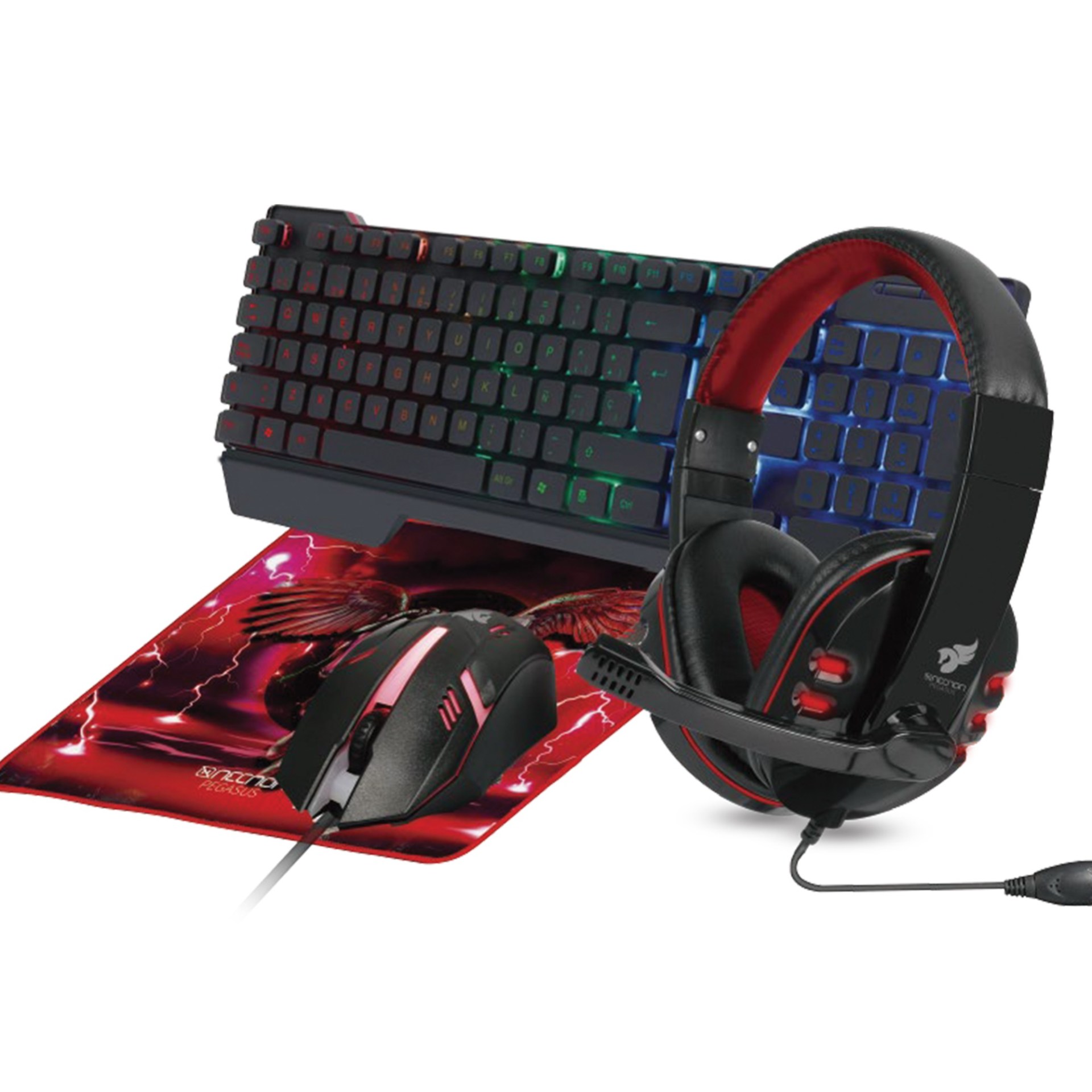 KIT GAMING 4 EN 1 NGC-PEGASUS AUDIFONOS LED TECLADO 104 BOTONES MOUSE 3 BOTONES 1000DPI MOUSEPAD ROJO –