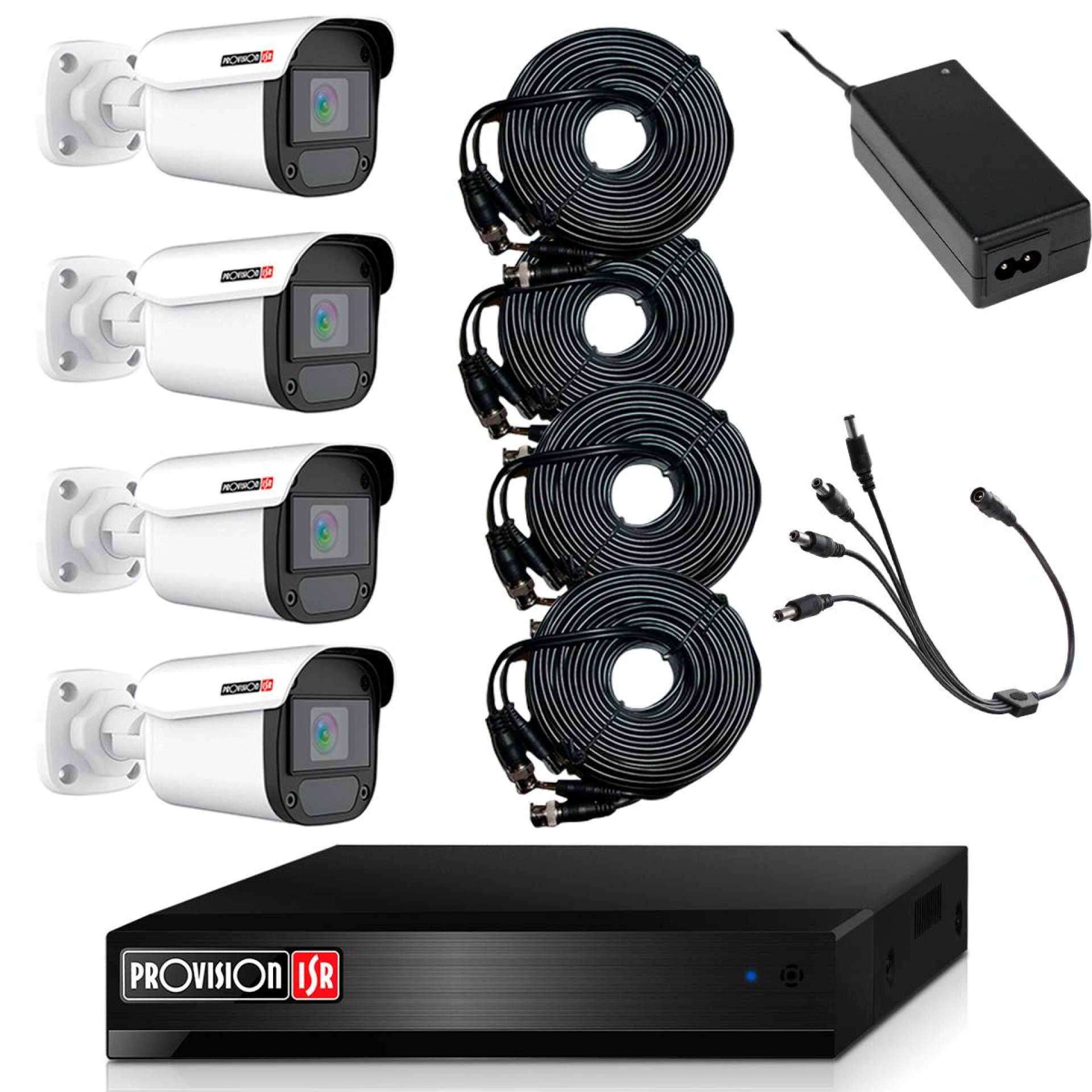 KIT de Videovigilancia de 4 cámaras de 2 MP Policarbonato – 4 cables siamés de 20 metros, fuente de 12V/3A, pulgo de 4 salidas, No incluye HDD