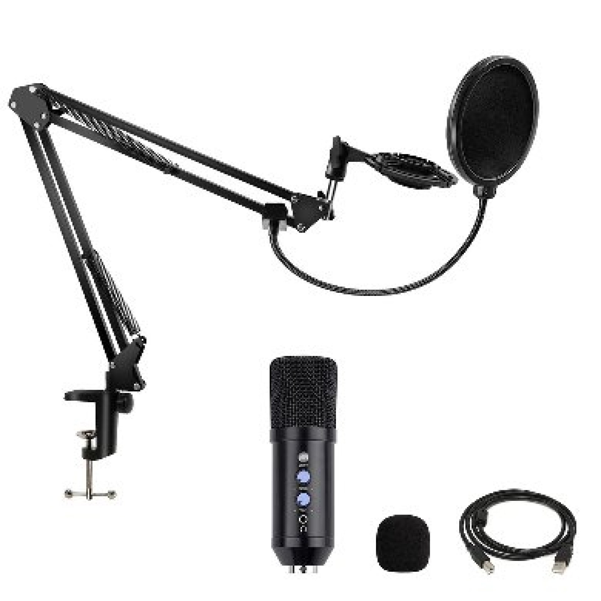 Kit de Micrófono de Condensador Profesional – control de Volumen, USB. incluye Soporte de Brazo Ajustable de Suspensión (263908)