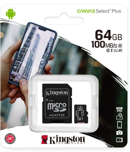 MEMORIA MICROSD KINGSTON CANVAS SELCT PLUS 64GB R.100MB/S CL10 UHS-I U1 V10 A1 –