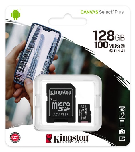 MEMORIA MICROSD KINGSTON CANVAS SELCT PLUS 128GB R.100MB/S CL10 UHS-I U1 V10 A1 –