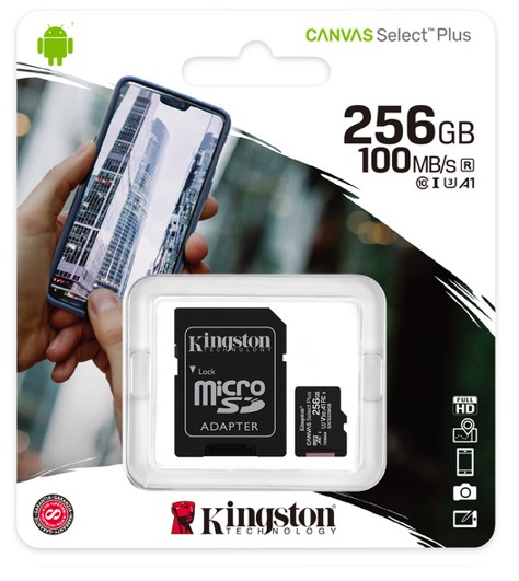 MEMORIA MICROSD KINGSTON CANVAS SELCT PLUS 256GB R.100MB/S W.85MB/S CL10 UHS-I U3 V30 A1 –