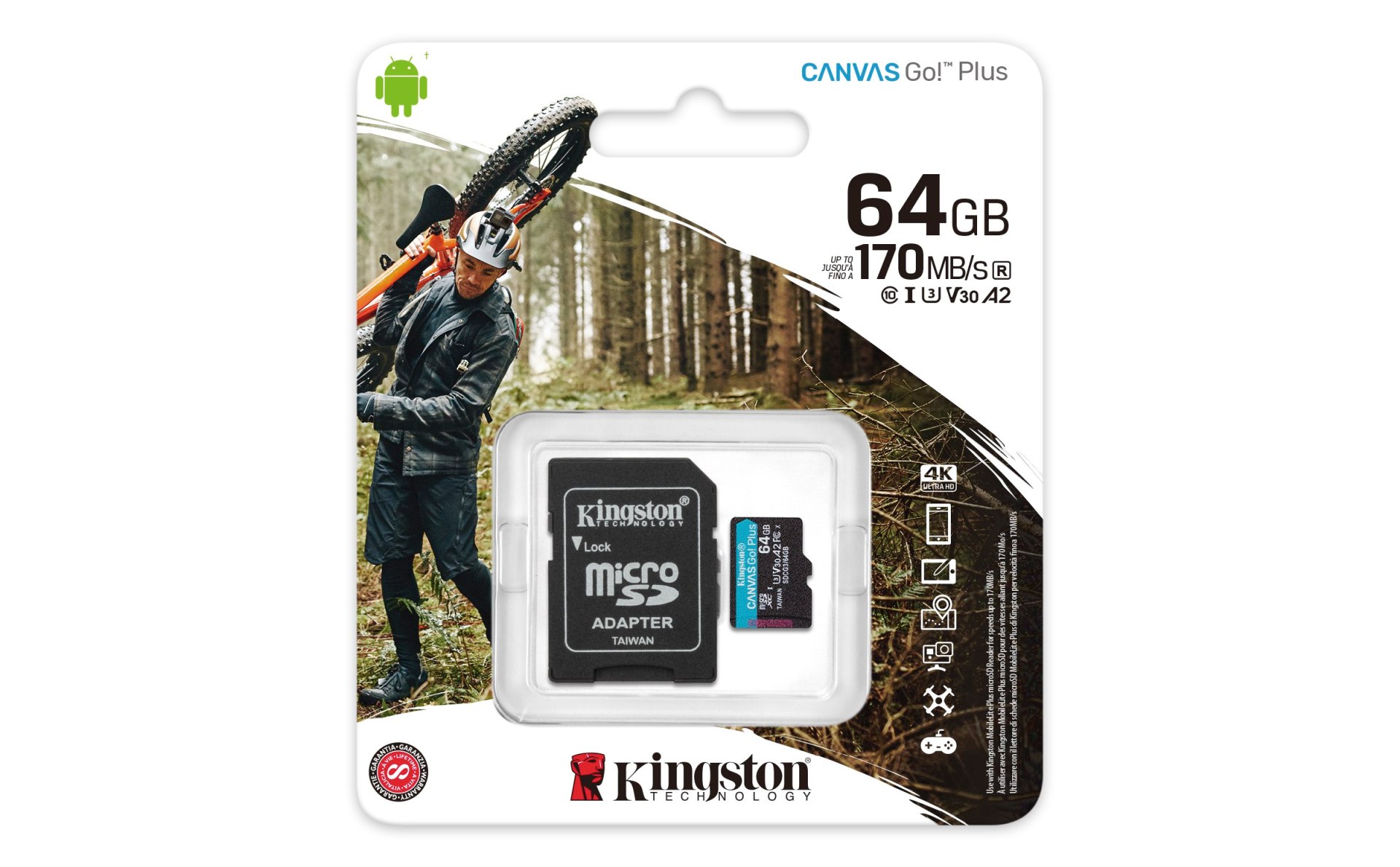 MEMORIA MICROSD KINGSTON CANVAS GO! PLUS 64GB R.170MB/S W.70MB/S CL10 UHS-I U3 V30 A2 –