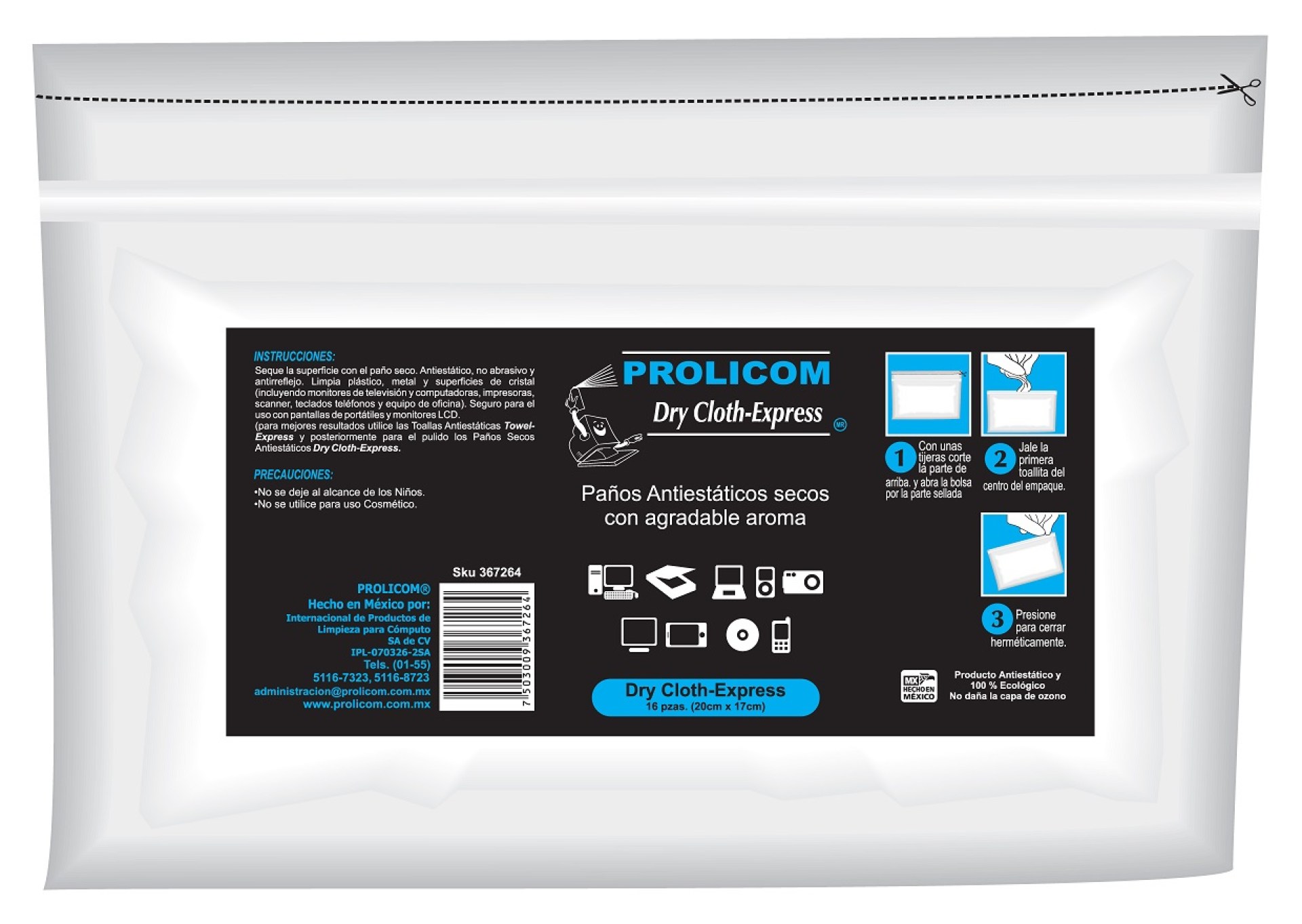 Toallas secas antiestáticas PROLICOM – DRY CLOTH-EXPRESS, bolsa 16 pz, Paños secos, Componentes electrónicos