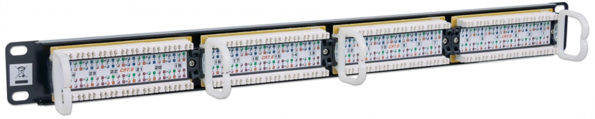520959 Panel de Parcheo Cat6 24 puertos 1U; Soporta cable trenzado sólido y multifilar de calibres 22 y 26 AWG. –