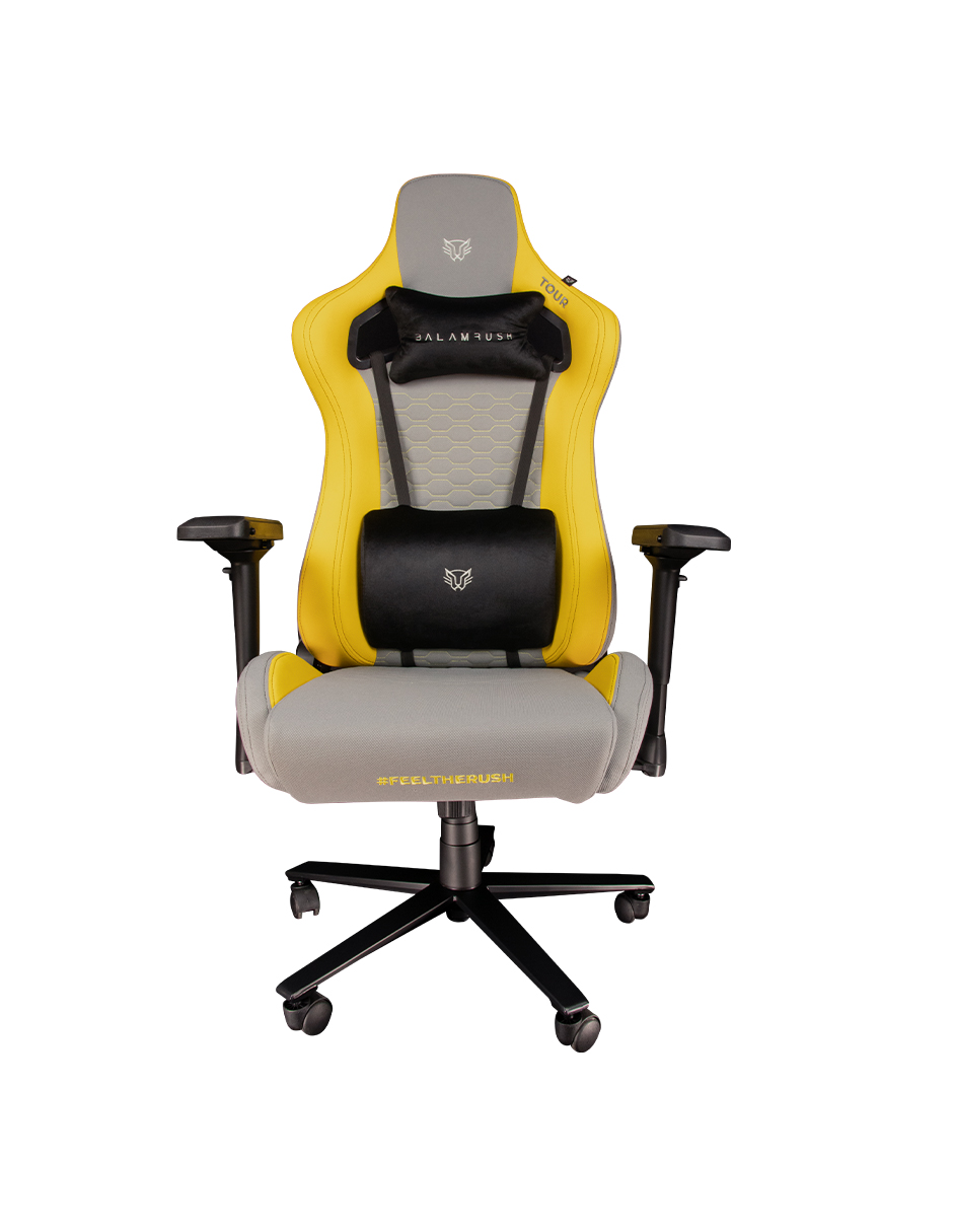 Silla THUNDER TOUR BALAM RUSH GAMER Tela Reclinable 90-180 Piston Clase 4 Reposabrazos 4D DARK-LIGHT EDITION Gris/Amarillo –