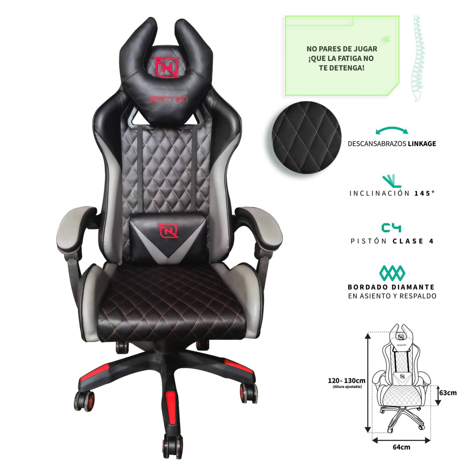 SILLA GAMER INCLINACION RESPALDO 145° CLASE 4 140-150KG NGS-01 FOAM 350MM 63CM*64CM*121-131CM RUEDA 5 PULGADAS COJIN LUMBAR Y CABEZA GRIS/ROJO –