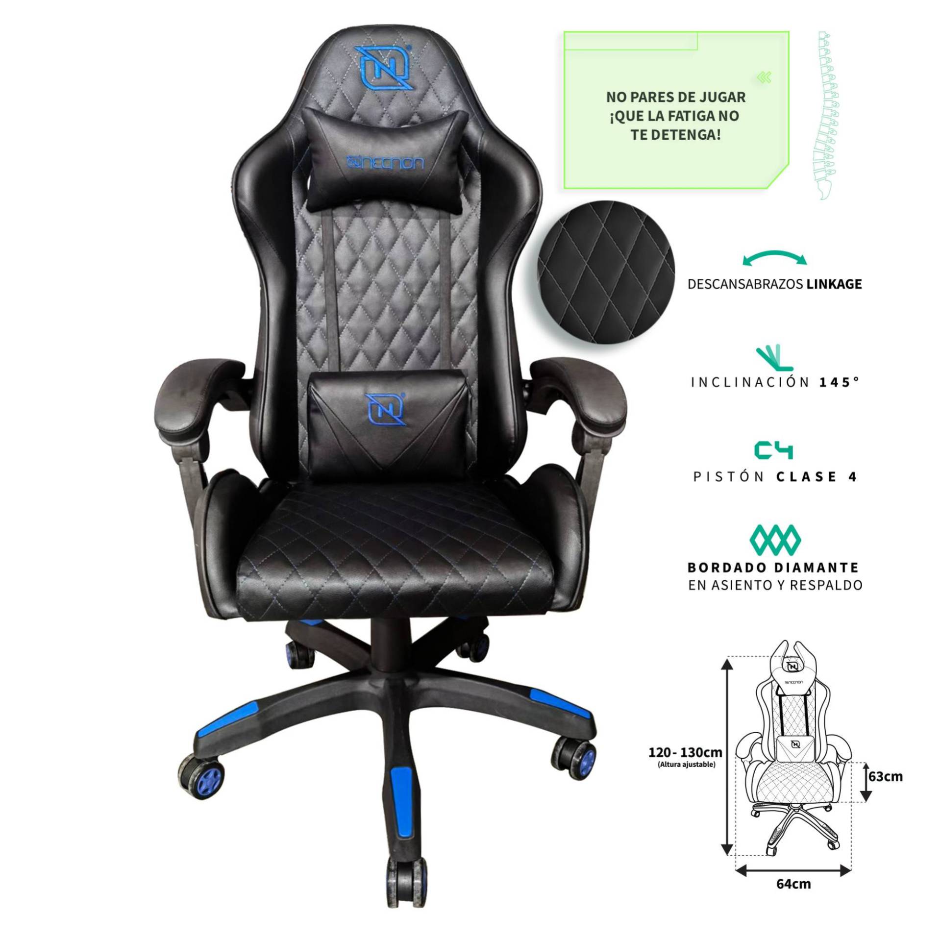 SILLA GAMER INCLINACION RESPALDO 145° CLASE 4 140-150KG NGS-01 FOAM 350MM 63CM*64CM*121-131CM RUEDA 5 PULGADAS COJIN LUMBAR Y CABEZA NEGRO/AZUL –