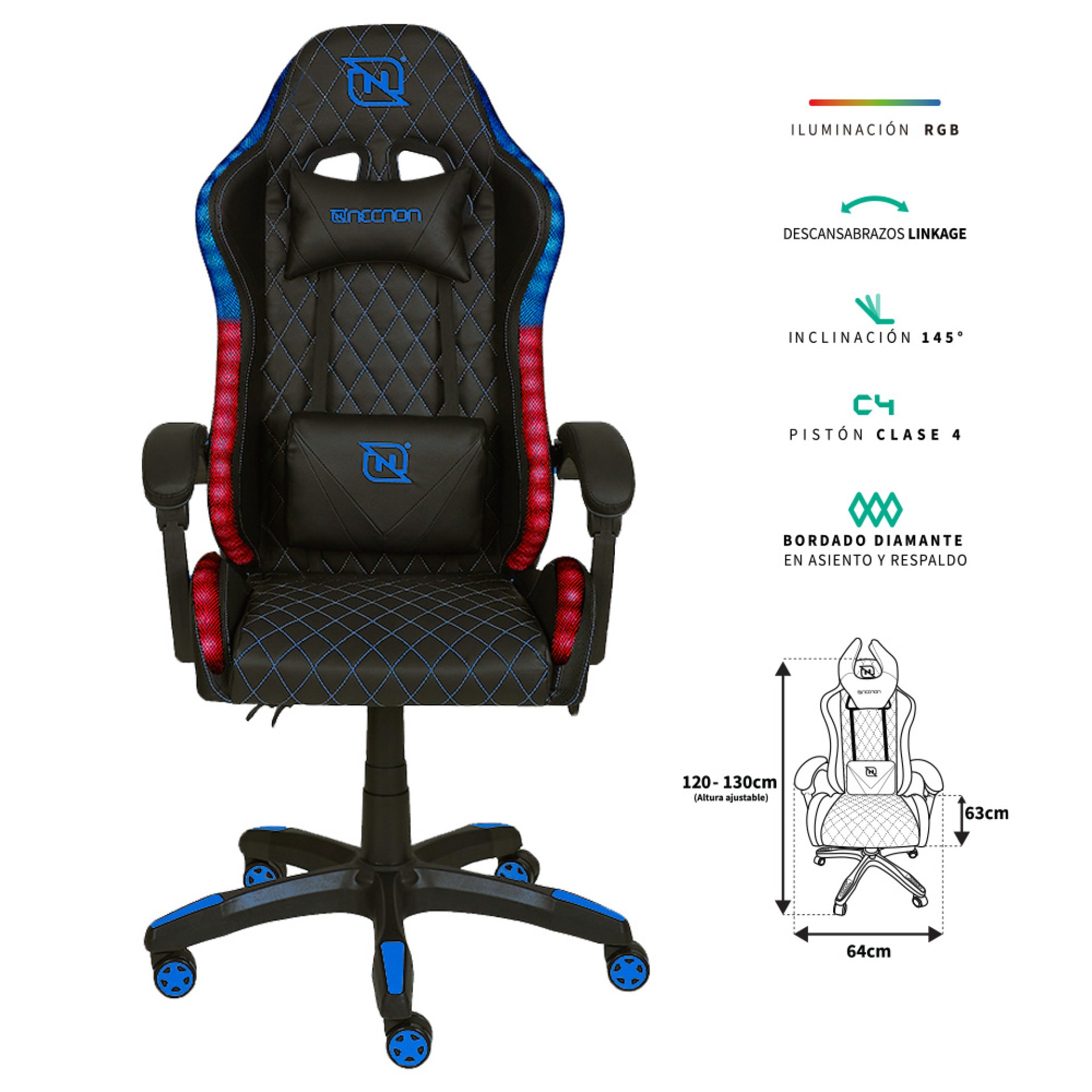 SILLA GAMER RGB INCLINACION RESPALDO 145 CLASE 4 140-150KG NSG-RGB1 FOAM 350MM 63CM*64CM*121-131CM COJIN LUMBAR Y CABEZA NEGRO/AZUL –