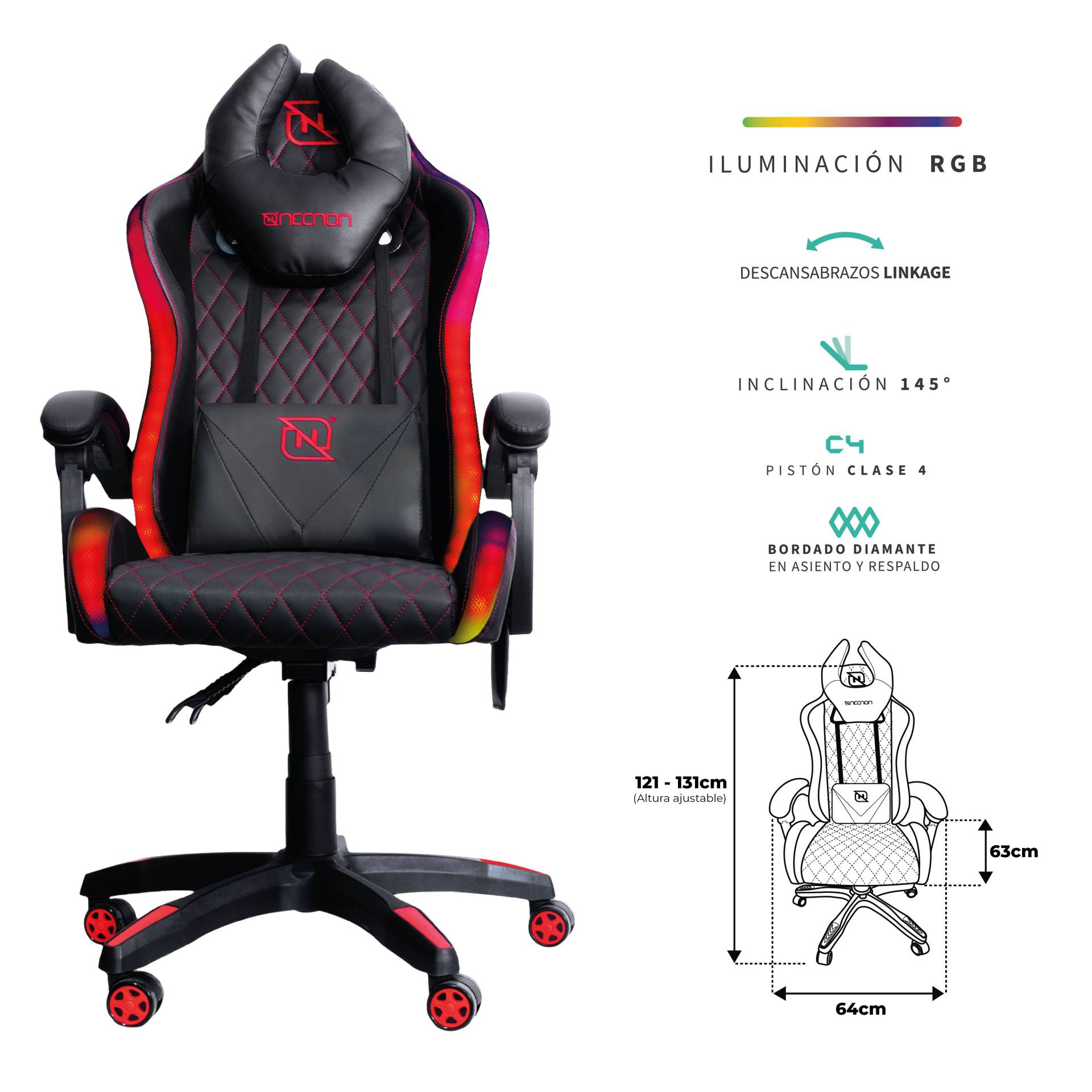 SILLA GAMER RGB INCLINACION RESPALDO 145 CLASE 4 140-150KG NSG-RGB1 FOAM 350MM 63CM*64CM*121-131CM COJIN LUMBAR Y CABEZA NEGRO/ROJO –