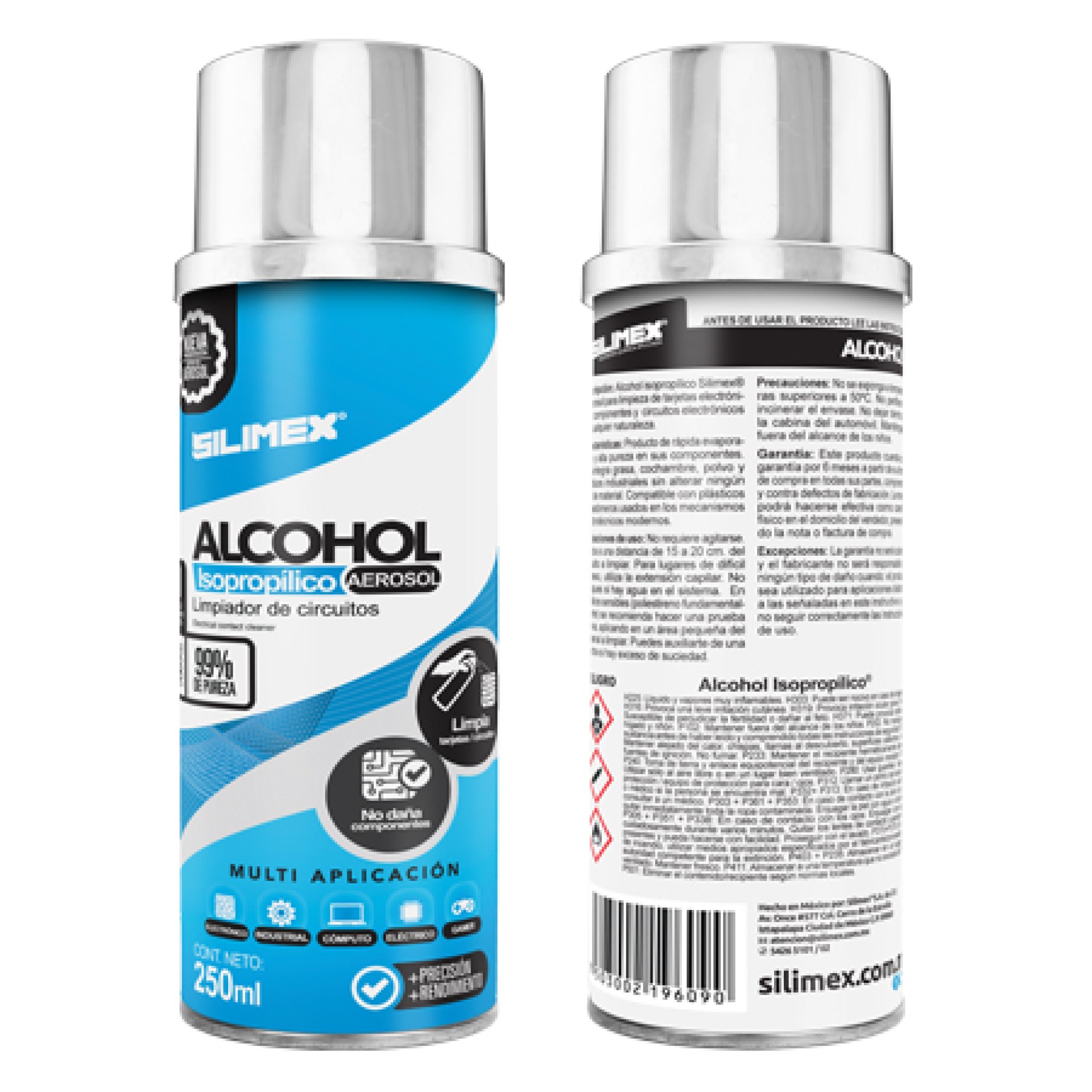 Alcohol Isopropílico SILIMEX Aerosol Envase: 250 ml = 280gr. – Azul, Alcohol Isopropílico, Componentes Electrónicos