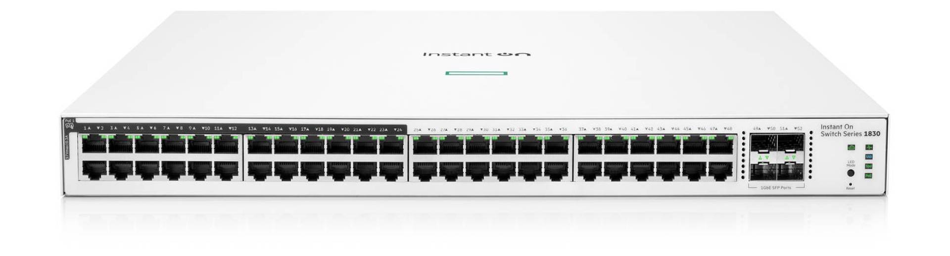 Switch HPE Instant On 1830 Gigabit Ethernet – 48 puertos RJ-45, 12p PoE Clase 4 370 W, 4SFP 1GbE (JL815A)