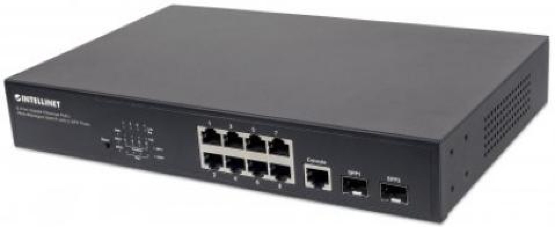 Switch INTELLINET  Administrable Gigabit Ethernet de 8 puertos PoE+ con 2 puertos – Negro, 150 W, 8 puertos, Cat5e, Cat6, RJ-45