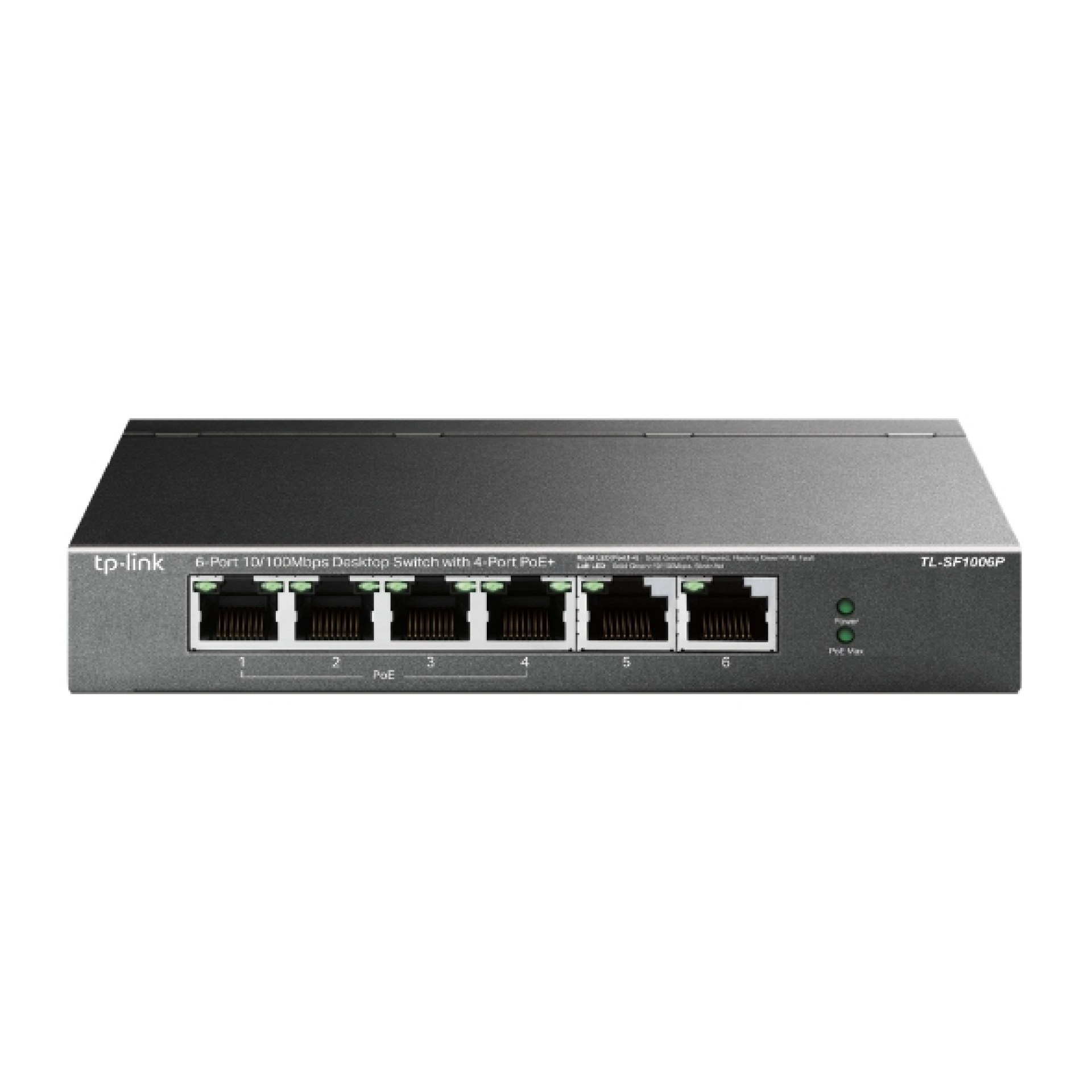 Switch de escritorio de 6 puertos a 10/100 Mbps con 4 puertos PoE+ –