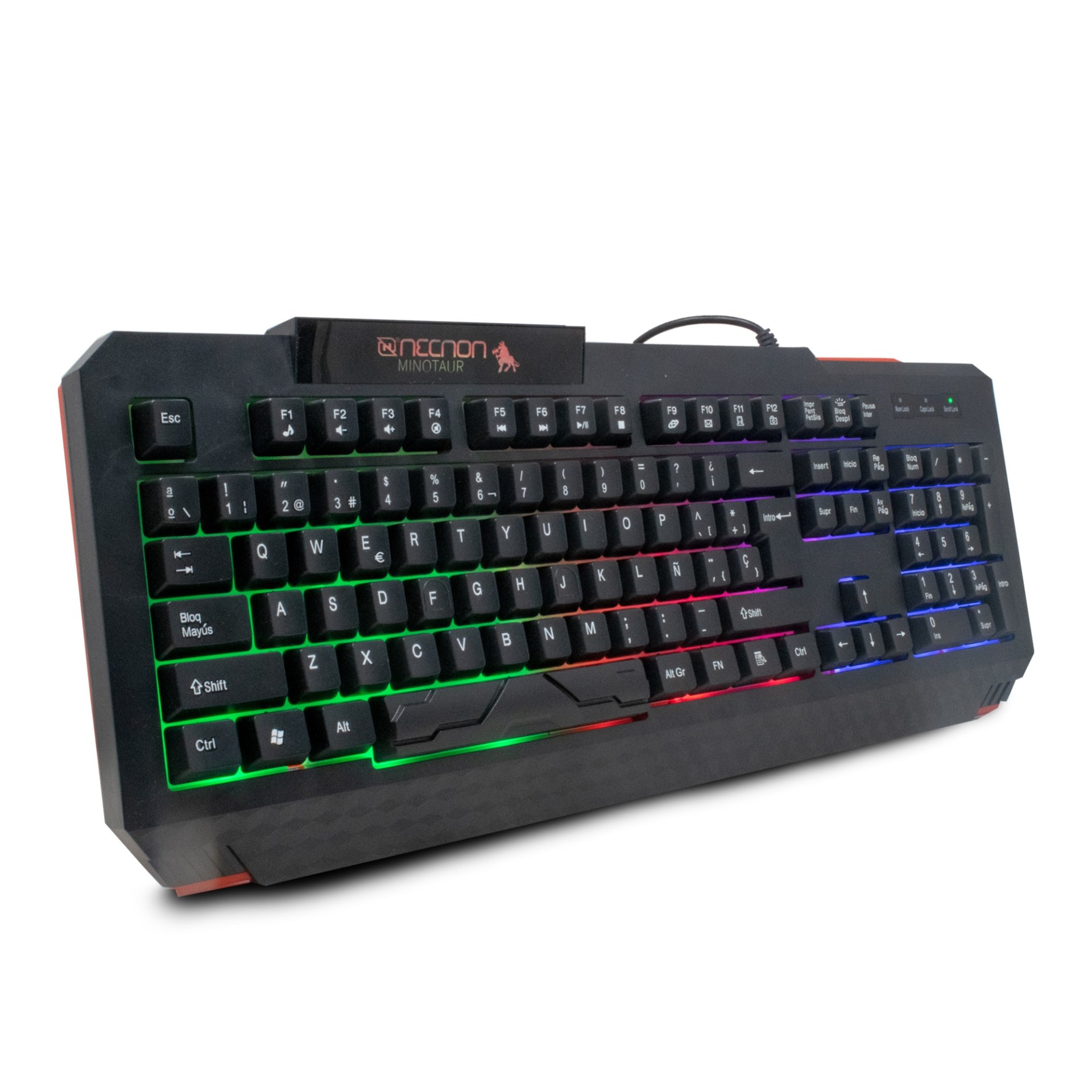TECLADO GAMER NGK-MINOTAUR 104 TECLAS RETROILUMINADO LED MULTICOLOR DISENO ERGONOMICO RESISTENTE A SALPICADURAS ROJO/NEGRO –