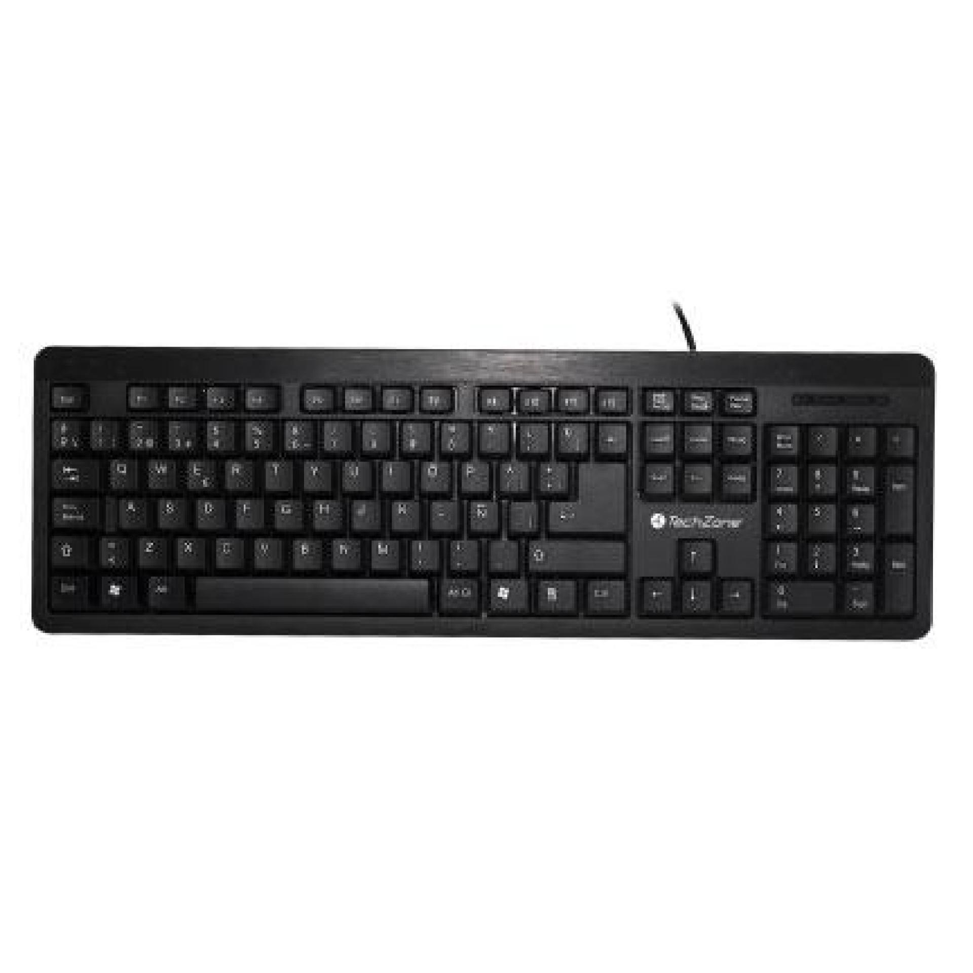 Teclado alámbrico Grimly TechZone – con conexión USB, 104 teclas tipo QWERTY, 1 año de garantía.
